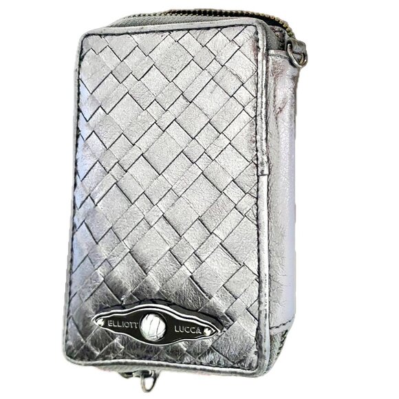 Elliott Lucca Womens Wristlet Wallet Silver Metallic Woven Leather Zip Around EC - Picture 7 of 9